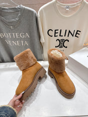 CELINE 26S FUR-TRIM ANKLE BOOTS IN BROWN SUEDE