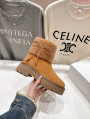 CELINE 26S FUR-TRIM ANKLE BOOTS IN BROWN SUEDE