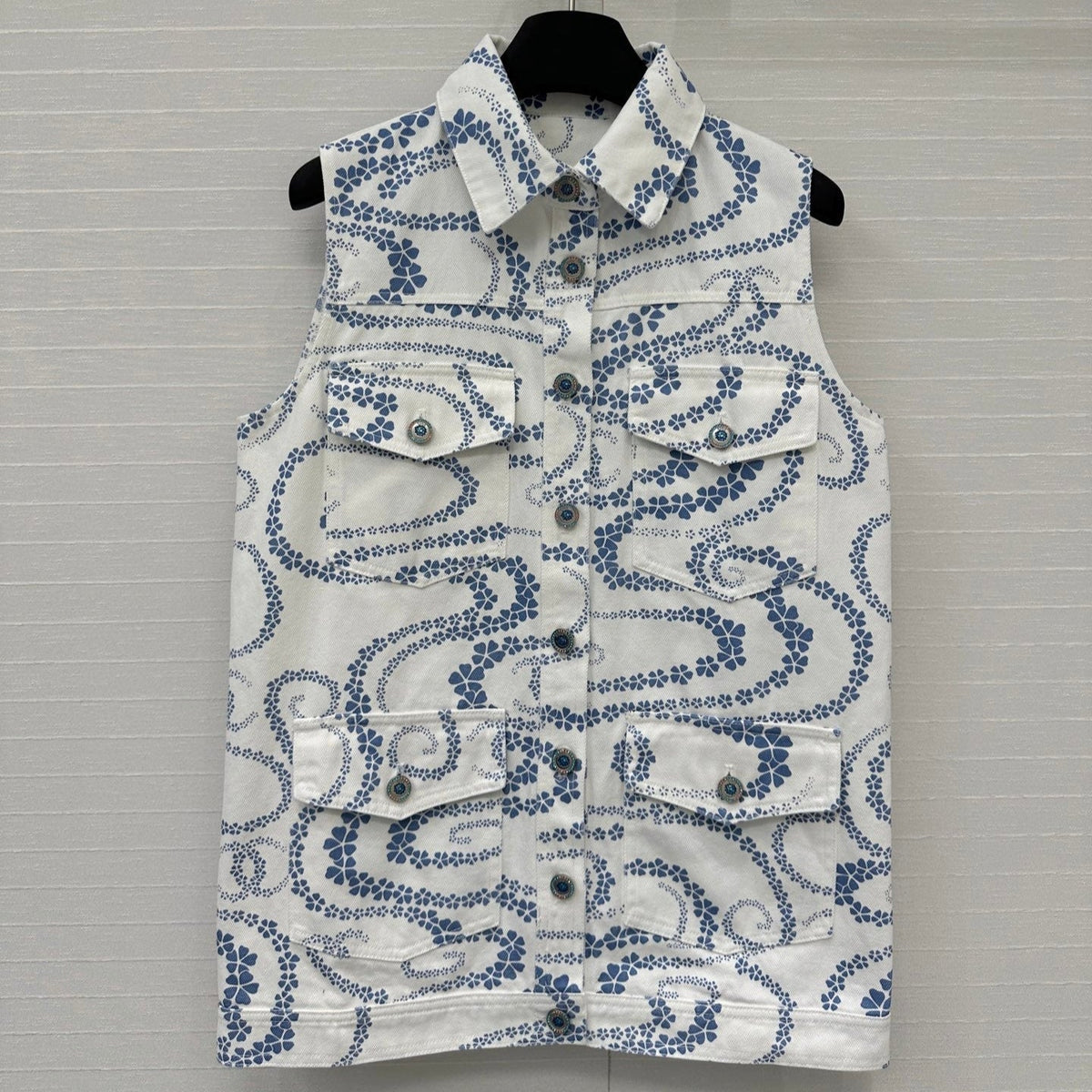 CC 25 Printed Denim Vest Jacket Blue White Cotton