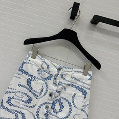 CC 25 Printed Denim Single-breasted Short Skirt Blue White Cotton