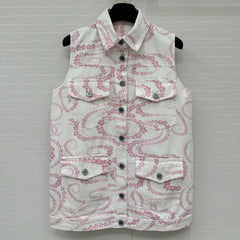 CC 25 Printed Denim Vest Jacket Pink White Cotton