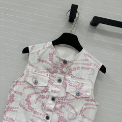 CC 25 Printed Denim Round Neck Vest Pink White Cotton