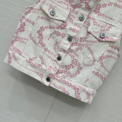 CC 25 Printed Denim Round Neck Vest Pink White Cotton
