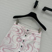 CC 25 Printed Denim Single-breasted Short Skirt Pink White Cotton