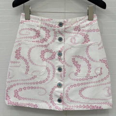 CC 25 Printed Denim Single-breasted Short Skirt Pink White Cotton