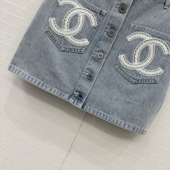 CC 25 Single-breasted Short Skirt Light Blue Denim Cotton