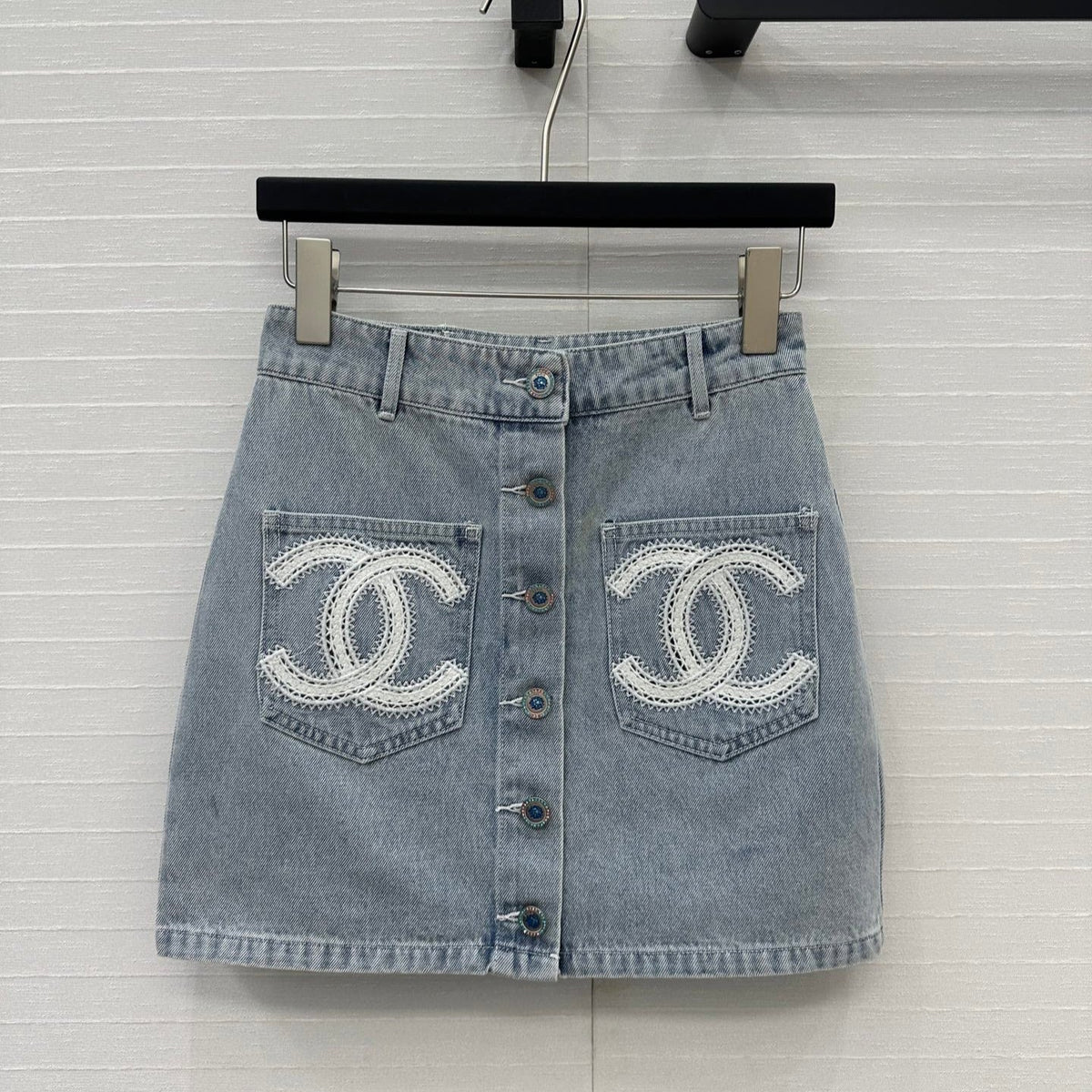 CC 25 Single-breasted Short Skirt Light Blue Denim Cotton