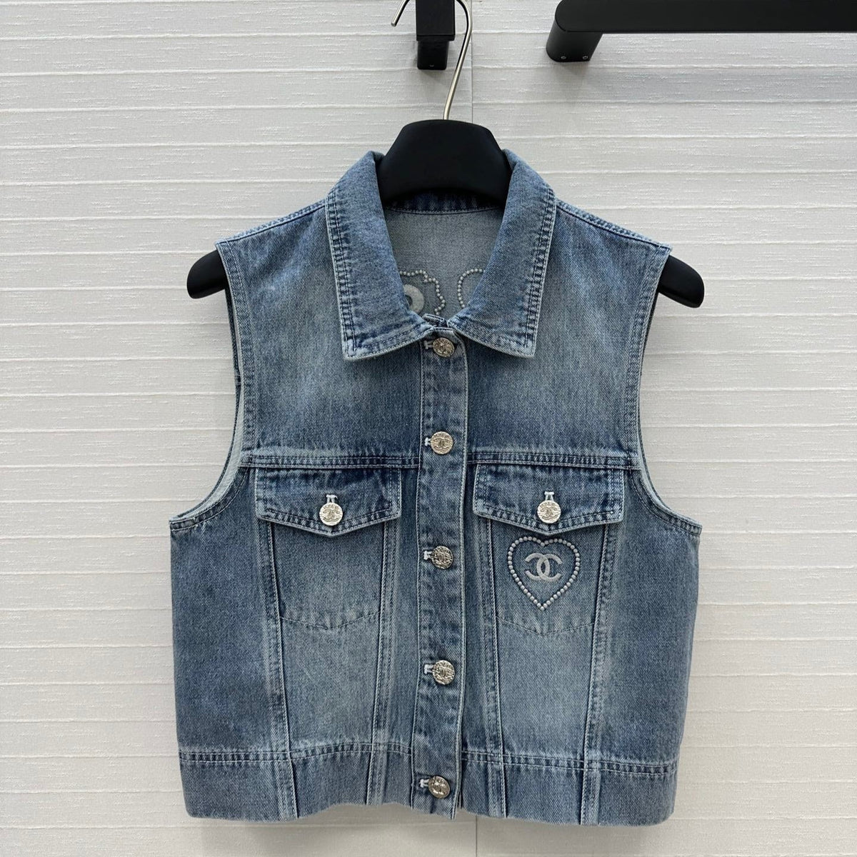 CC 25 Embroidered Vest Jacket Blue Denim Cotton