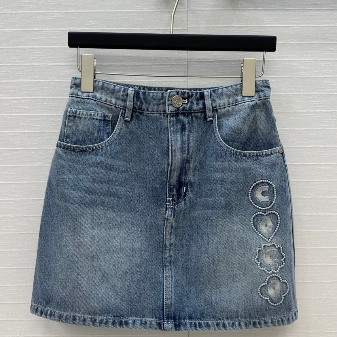 CC 25 Embroidered Short Skirt Blue Denim Cotton