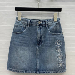 CC 25 Embroidered Short Skirt Blue Denim Cotton