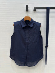 Loewe 25 Lace-up Waist Sleeveless Shirt Dark Blue Linen