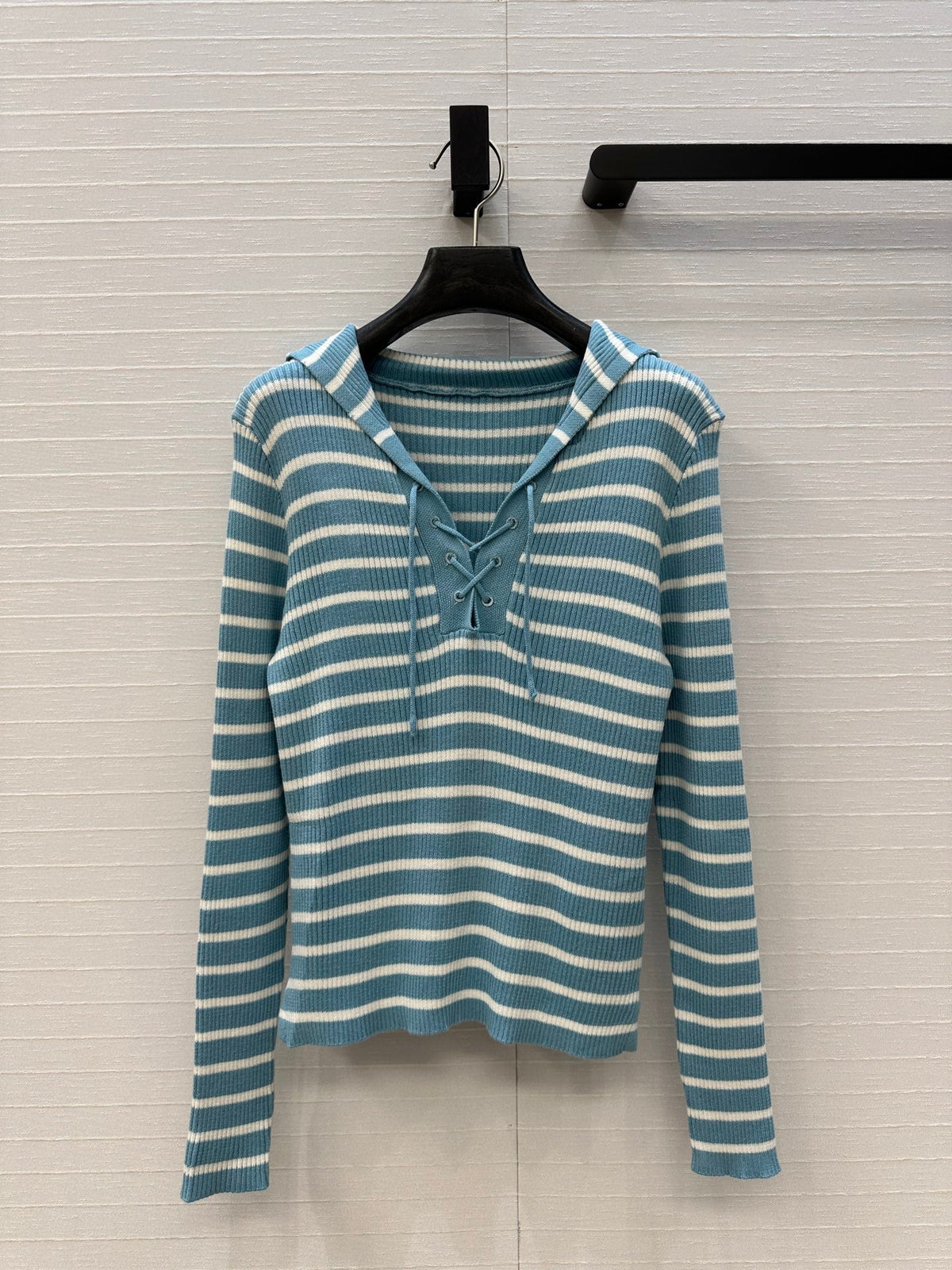 DIOR MUTED BLUE-GREY STRIPED LONG-SLEEVE KNIT SWEATER