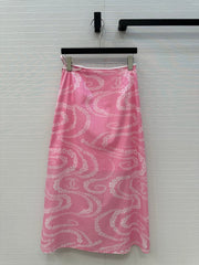 CC 25 Wave Pattern Long Skirt Pink Silk Cotton