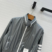 THOM BROWNE STAND COLLAR ZIP-UP JACKET IN GREY