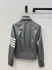 THOM BROWNE STAND COLLAR ZIP-UP JACKET IN GREY