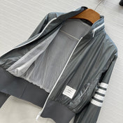 THOM BROWNE STAND COLLAR ZIP-UP JACKET IN GREY