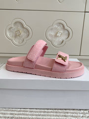 LV TWO-STRAP SANDALS 25S IN LIGHT PINK DENIM AND CALFSKIN  WITH GOLD HARDWARE