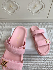 LV TWO-STRAP SANDALS 25S IN LIGHT PINK DENIM AND CALFSKIN  WITH GOLD HARDWARE