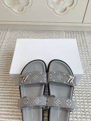 LV TWO-STRAP SANDALS 25S IN GREY DENIM AND CALFSKIN  WITH SILVER HARDWARE