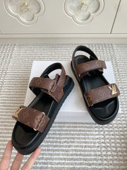 LV SANDALS 25S IN BROWN MIX BLACK CALFSKIN WITH GOLD HARDWARE