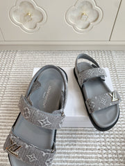 LV SANDALS 25S IN GREY DENIM AND CALFSKIN WITH SILVER HARDWARE