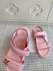 LV SANDALS 25S IN LIGHT PINK DENIM AND CALFSKIN WITH GOLD HARDWARE