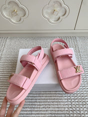 LV SANDALS 25S IN LIGHT PINK DENIM AND CALFSKIN WITH GOLD HARDWARE