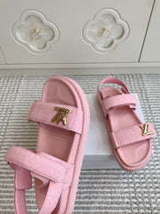 LV SANDALS 25S IN LIGHT PINK DENIM AND CALFSKIN WITH GOLD HARDWARE