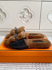 HM 25S GIULIA SANDAL IN BROWN SHEARLING WITH SILVER HARDWARE