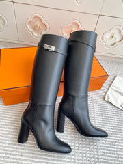 HM 25S TALL BOOTS 90 MM IN BLACK LAMBSKIN WITH SILVER HARDWARE