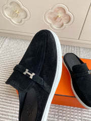 HM 25S MULES IN BLACK SUEDE WITH SILVER HARDWARE