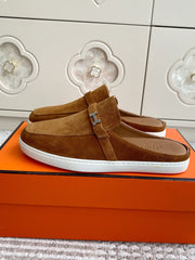 HM 25S MULES IN BROWN SUEDE WITH SILVER HARDWARE