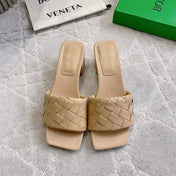BOTTEGA VENETA 26S SQUARE-TOE HIGH-HEEL SANDALS 50 MM IN BEIGE LAMBSKIN
