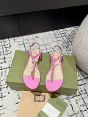 THONG SANDAL IN FUSCIA PINK CALFSKIN WITH GOLD HARDWARE