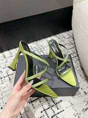 HIGH CRYSTAL STRAP SANDALS IN PEAR GREEN SILK