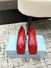 PRADA 25S SQUARE TOE HIGH HEELS IN DARK RED GLOSSY CALFSKIN