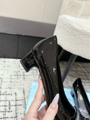 PRADA 25S SQUARE TOE HIGH HEELS IN BLACK GLOSSY CALFSKIN