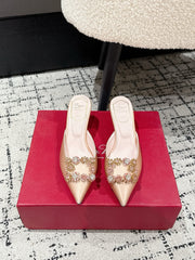 ROGER VIVIER 25S EFFLORESCENCE MULES 65MM IN GOLD SATIN EMBELLISHED CRYSTALS