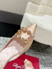 ROGER VIVIER 25S EFFLORESCENCE MULES 65MM IN GOLD SATIN EMBELLISHED CRYSTALS