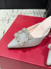 ROGER VIVIER 25S EFFLORESCENCE MULES 65MM IN BLING SILVER EMBELLISHED CRYSTALS