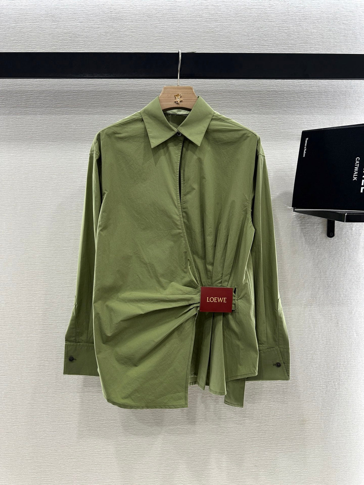 LOEWE GREEN LONG SLEEVE SHIRT WITH PLEATED WAIST