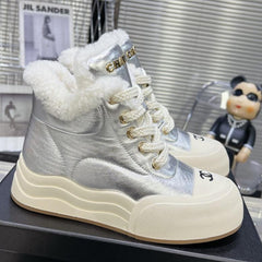 MARTIN BOOTS IN SILVER CALFSKIN AND LAMB FUR LINING