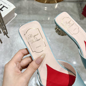 CRYSTAL HEEL MULE IN LIGHT BLUE-GREEN SILK