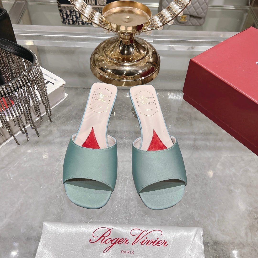 CRYSTAL HEEL MULE IN LIGHT BLUE-GREEN SILK