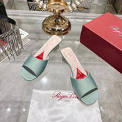 CRYSTAL HEEL MULE IN LIGHT BLUE-GREEN SILK