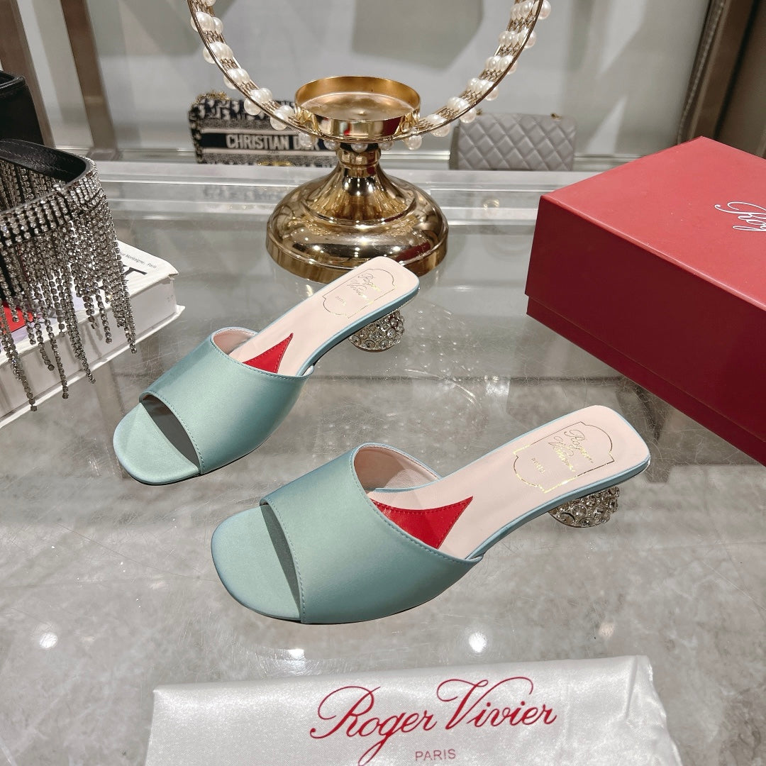 CRYSTAL HEEL MULE IN LIGHT BLUE-GREEN SILK