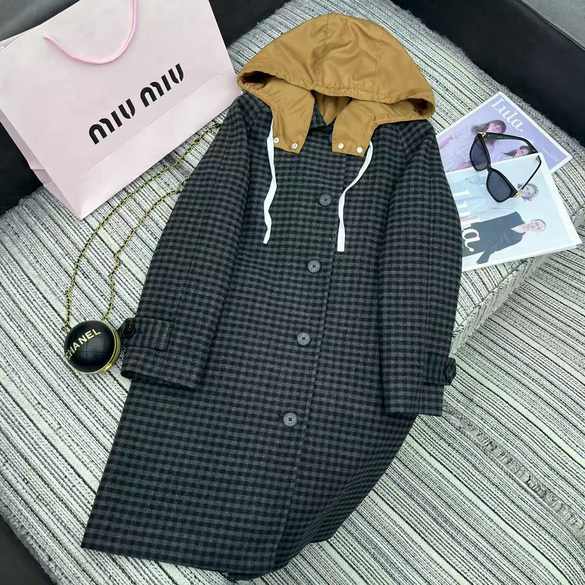 MIUMIU HOODED LONG CHECKED COAT STYLE 30