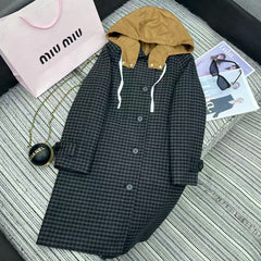 MIUMIU HOODED LONG CHECKED COAT STYLE 30