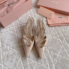 Slingback Ivory Color Leather With Stylized Cross Straps - Mid heels