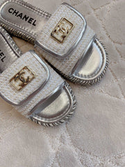 PLATFORM SLIPPERS IN SILVER WOOL AND LAMBSKIN